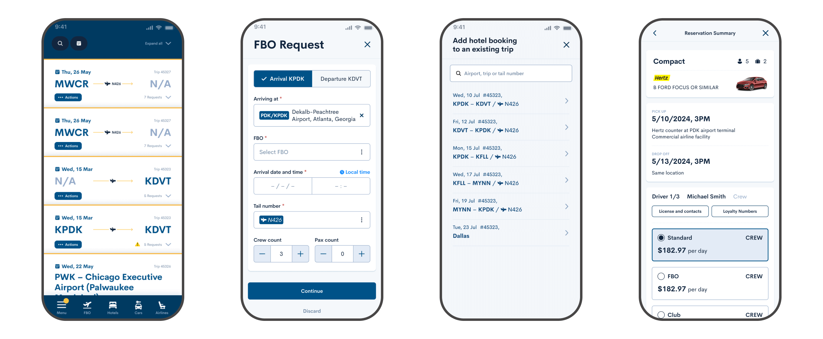 Screenshots of trip management app from a smartphone