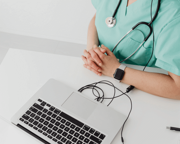 Laptop And Doctor. Square Illustration